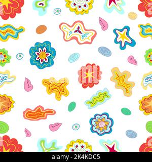 Seamless pattern made of stylized flowers, stars, and clouds Stock Vector