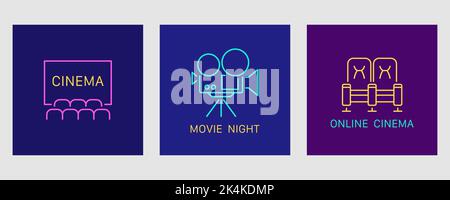 Movie Icons Set. Cinema logo, neon effect Stock Vector