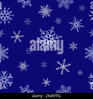 Snowflakes seamless pattern, white and blue elements on dark blue background Stock Vector