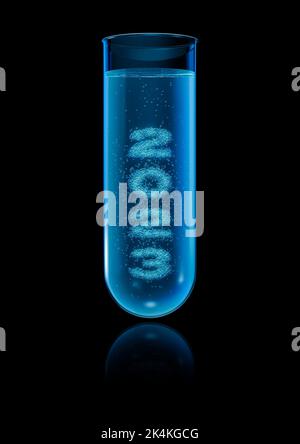 Test tube year 2023 - 3D illustration of 2023 text forming from bubbles inside glass laboratory vial Stock Photo