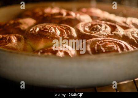 Cinnamon buns in the oven are cooked on a dish. Process of making cinnamon rolls in home kitchen Stock Photo