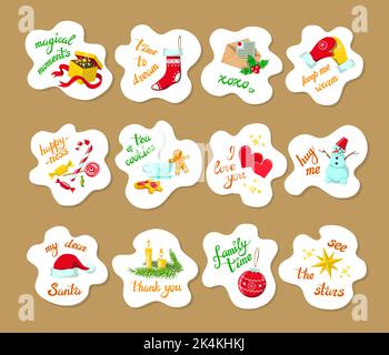 Set of 12 cute Christmas stickers, New Year objects, symbols in white clouds on brown paper, design elements clipart, handwritten hygge phrases Stock Vector