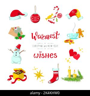 Set of 12 fashionable design elements, cartoon clipart, Christmas and New Year related objects, Warmest Wishes lettering Stock Vector