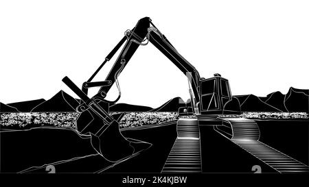 Excavator silhouette on field with flowers and mountains behind isolated. Excavator bucket on ground and caterpillar tracks. Vector design element. Stock Vector