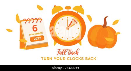 Fall Back Time for USA with calendar date 6 november, 2022. Daylight saving time ends reminder banner. Clock change back one hour. Orange alarm clock Stock Vector