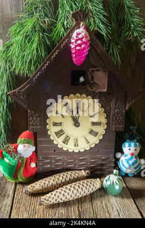 Festive items on an old wooden board. New Year's still life in retro style Stock Photo