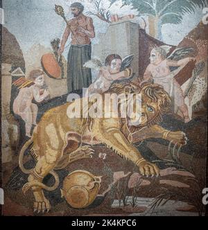 Rome, Centrale Montemartini Museum, Roman mosaic,  Polychrome emblema with lion and cupids Stock Photo