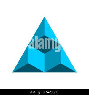 Blue impossible triangle with a cube inside. Geometric shape made of hexagon design elements. 3D optical illusion. Triangular visual effect. Vector Stock Vector