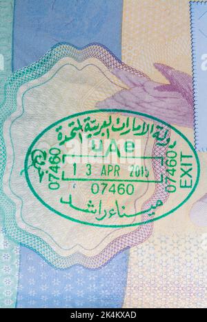 UAE stamp in British passport  - United Arab Emirates 13 Apr 2015 exit Stock Photo