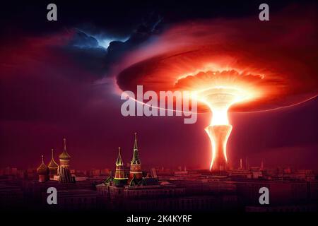 A nuclear explosion occurring in Moscow city of Russia during an apocalyptic war or meteor impact with a fire mushroom cloud by drone view. 3D Stock Photo