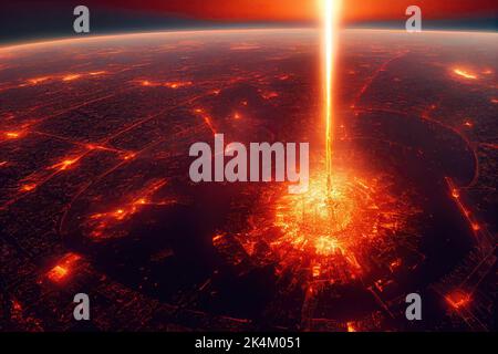 Satellite view of a nuclear explosion fire mushroom on a big capital city during an apocalyptic or meteor deep impact. 3D digital illustration. Stock Photo