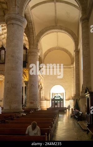 Interior view of a modern church with empty pews Stock Photo