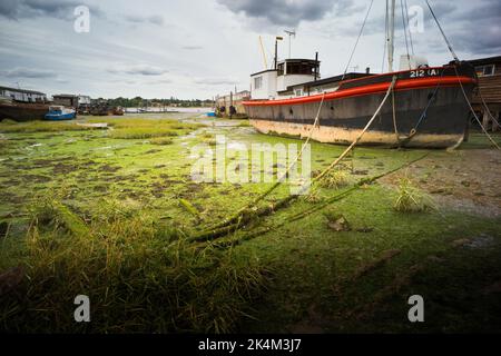 Houseboat barge moored at Pin Mill in Suffolk at low tide Stock Photo