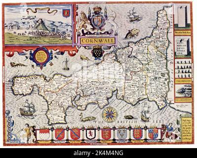 Cornwall, England, 1611. By John Speed (1551 or 1552-1629). From the 'Theatre of the Empire of Great Britaine', 1611. The 'Theatre of the Empire of Great Britaine' was the first English attempt at creating a large scale atlas. Stock Photo