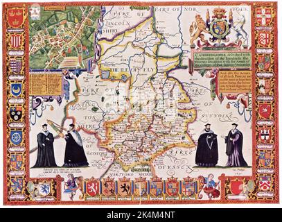 Cambridge, England, 1611. By John Speed (1551 or 1552-1629). From the 'Theatre of the Empire of Great Britaine', 1611. The 'Theatre of the Empire of Great Britaine' was the first English attempt at creating a large scale atlas. Stock Photo