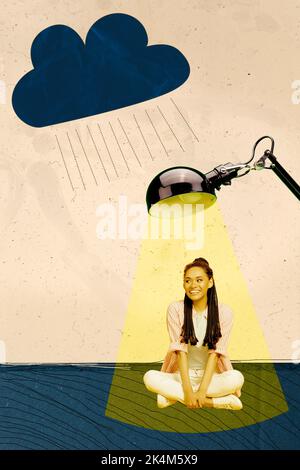 Photo sketch graphics artwork picture of charming happy smiling lady sitting under lamp enjoying rainy weather isolated drawing background Stock Photo