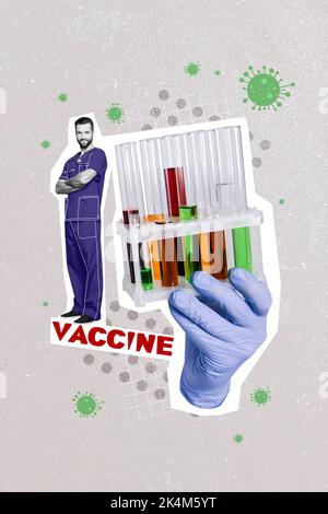 Creative trend collage of doctor scientist laboratory assistant hands sterile gloves hold test tubes create invent coronavirus vaccine Stock Photo