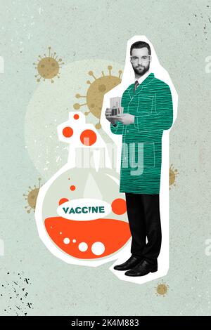 Creative drawing collage picture of doctor scientist .laboratory assistant holding test tubes big glass flask icon invent covid vaccine Stock Photo