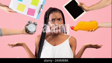 Irritated african american woman needs for assistant Stock Photo
