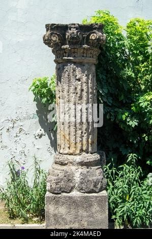 greek stone column, surrounding plants, gilded style, wall in the background, mexico Stock Photo
