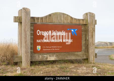 Bandon, OR, USA - September 17, 2022; Sign for Oregon Island National Wildlife Refuge in Bandon Stock Photo