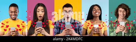 Positive multicultural young people using smartphones, collage Stock Photo