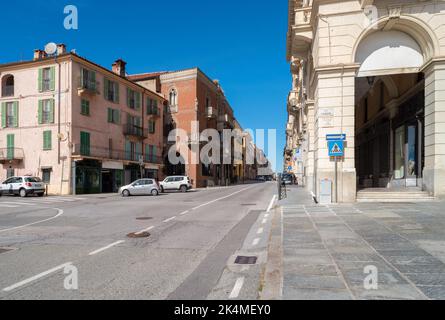 Fossano, Cuneo, Piedmont, Italy - October 03, 2022: view of Via Roma, the main street with ancient neo-gothic buildings Stock Photo