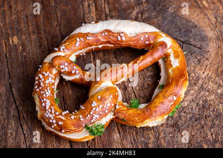 bavarian butter pretzel on wood Stock Photo