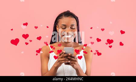 Happy young black woman using smartphone, chatting with boyfriend, collage Stock Photo