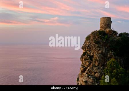 Watchtower Mirador de Ses Animes at dusk, Majorca, Balearic Islands, Spain, Europe Stock Photo