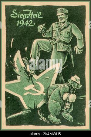 Nazi Propaganda Poster SEIG HEIL (Hail Victory) 1942 illustrating a Wehrmacht Army Soldier crushing the Soviet Star containing The Hammer and Sickle. The defeated Russian bear is shown slinking off with a bottle of Vodka. World War II Second World War Eastern Front Nazi Germany and The Soviet Union Stock Photo