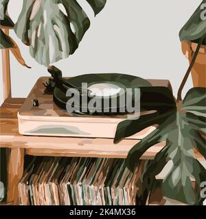 Vinyl record player on the background of the monstera. Vector fashion illustration Stock Vector