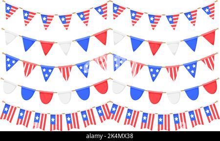 USA flag garlands set. US patriotic pennants chains collection. American party bunting decoration. United States flags for celebration. Vector Stock Vector