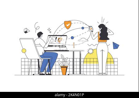 Cloud storage web concept in flat outline design with characters. Man transfers content and files to cloud, woman receiving files on smartphone online Stock Vector
