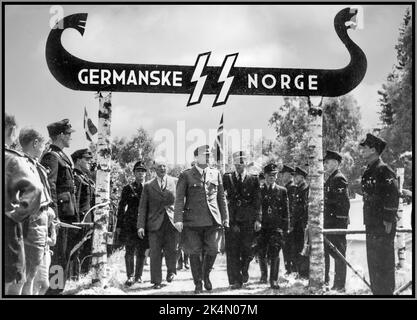 Vidkun Quisling visits the German SS Norway branch at the camp. In Filmavisen Norway on 28 June 1943 WW2 World War II Second World War Quisling Germanske SS Norges  Nasjonal Samling, abbreviated NS, was a Norwegian political party founded by Vidkun Quisling in 1933 and dissolved upon liberation in 1945. The party eventually aligned itself closely with the ideology of National Socialism and became a collaborator support organization for the Nazi German occupation forces in Norway during the Second World War. Stock Photo