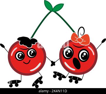 Cherries on roller skates, illustration, vector on a white background. Stock Vector