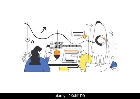 Outsourcing company web concept in flat outline design with character. Woman working remotely in international company. Freelancer doing tasks online Stock Vector