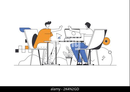 Best feedback web concept in flat outline design with characters. Client writing comments and evaluating. Company employee reads customer reviews Stock Vector