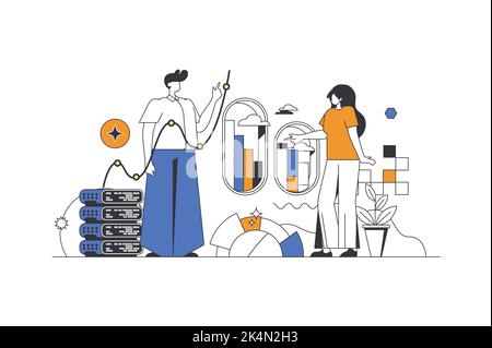 Big data web concept in flat outline design with characters. Man and woman analyzes statistics and researches graphs, working with databases. Planning Stock Vector