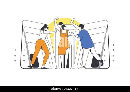 Developers team web concept in flat outline design with characters. Man and woman developing application and software, working together at protects Stock Vector