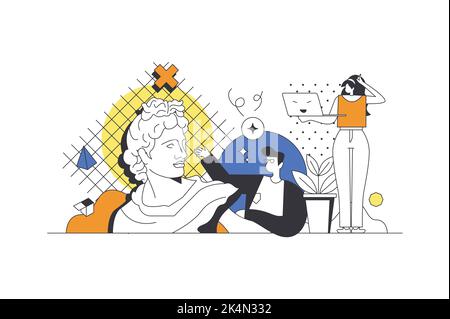 Designer agency web concept in flat outline design with characters. Man and woman working on art project, creating artworks and content. Imagination Stock Vector