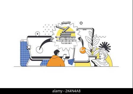 Virtual finance web concept in flat outline design with character. Man manages personal finances in account, makes transactions and online shopping Stock Vector