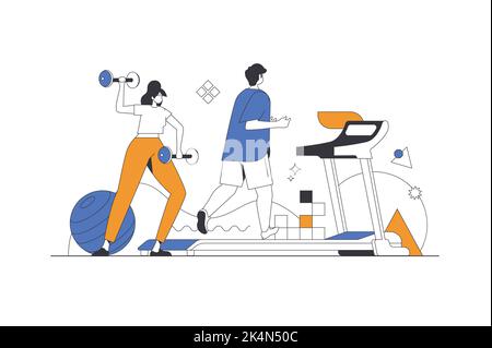 Fitness and gym web concept in flat outline design with characters. Woman does exercises with dumbbells, man runs on treadmill. Strength and cardio Stock Vector