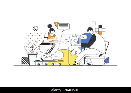 Freelance work web concept in flat outline design with characters. Man and woman working on laptops online. Freelancers doing tasks remotely while Stock Vector