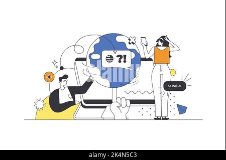 Language courses web concept in flat outline design with characters. Man and woman students learning foreign language with tutor, studying at online Stock Vector