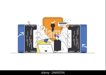 Network security web concept in flat outline design with characters. Man using secure login to personal account, firewall protecting data and files on Stock Vector