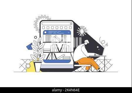 Online reading web concept in flat outline design with character. Man reading e-books or textbooks on laptop, stores books in cloud bookshelf at Stock Vector