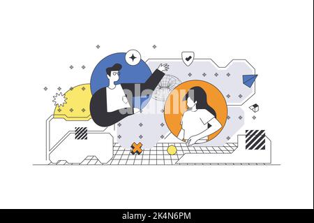 Cyberspace management web concept in flat outline design with characters. Man and woman interacts with online storage system, manage digital files and Stock Vector