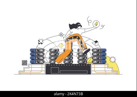 Data center web concept in flat outline design with character. Woman engineer working in server room, maintains and controls performance of hardware Stock Vector