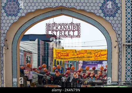 BAHAWALPUR, PAKISTAN-FEBRUARY 24, 2020; Entrance to food street by a historical gate, Fareed gate Stock Photo